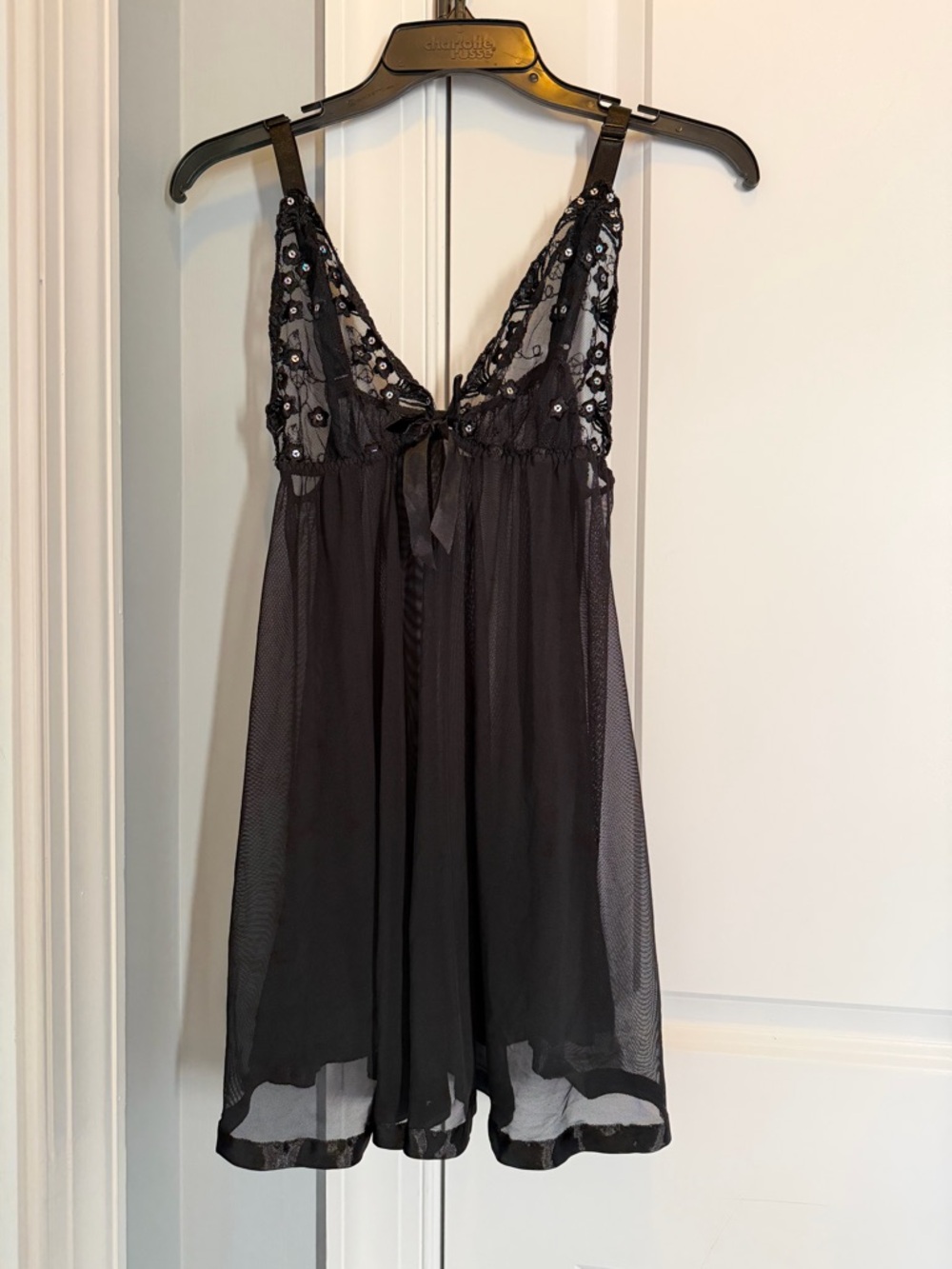 Black Lace-Trim Mesh Chemise Nightgown